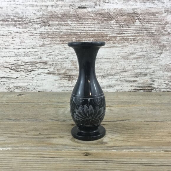 Black and Gray Marble Floral Etched Bud Vase – 5” Tall - Picture 4 of 7